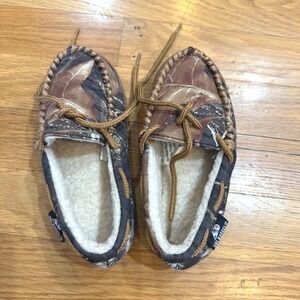 Double‎ Barrel Boys Camo Moccasin Slippers Faux Shearling Lined Brown Size 12/13